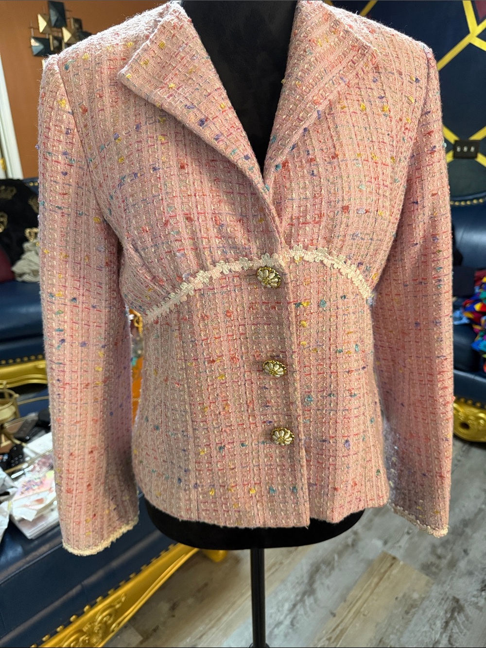 Spenser Jeremy Pink Tweed Blazer with Gold-Tone Buttons
